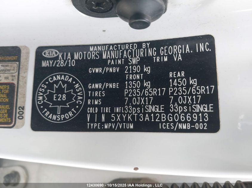 2011 Kia Sorento Lx VIN: 5XYKT3A12BG066913 Lot: 12430690