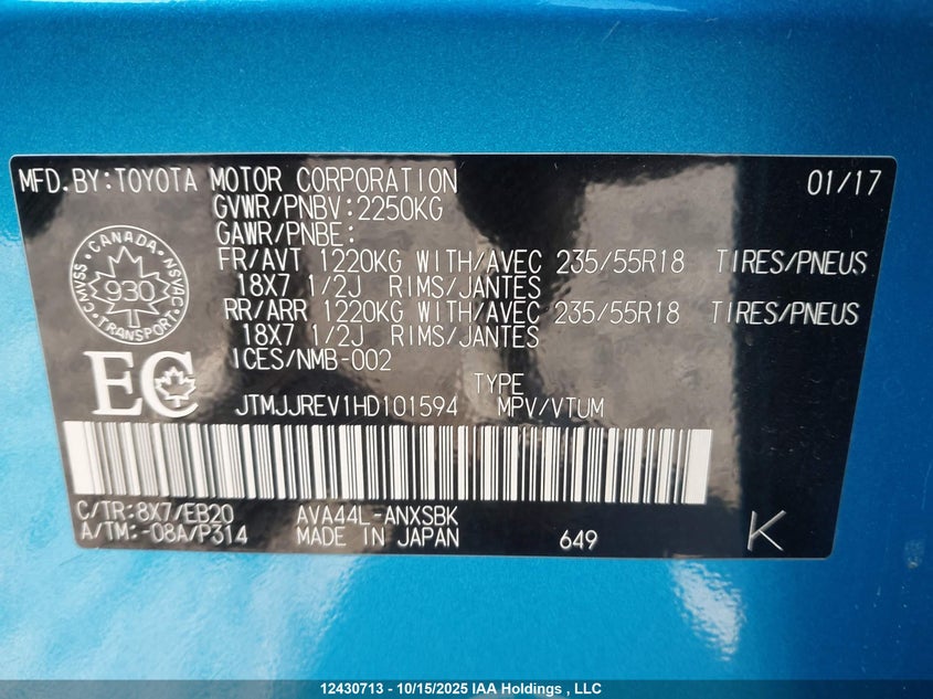 JTMJJREV1HD101594 2017 TOYOTA  photo no. 9
