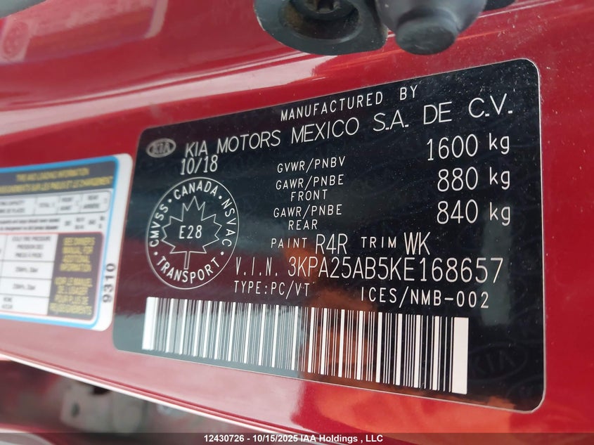 2019 Kia Rio S VIN: 3KPA25AB5KE168657 Lot: 12430726