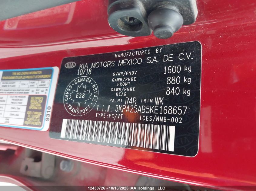 2019 Kia Rio S VIN: 3KPA25AB5KE168657 Lot: 12430726