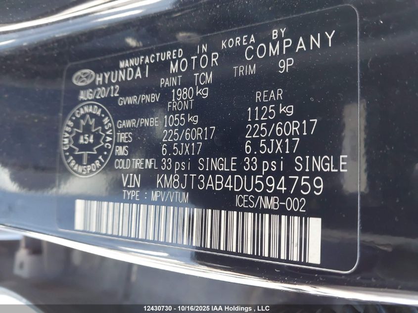 2013 Hyundai Tucson VIN: KM8JT3AB4DU594759 Lot: 12430730