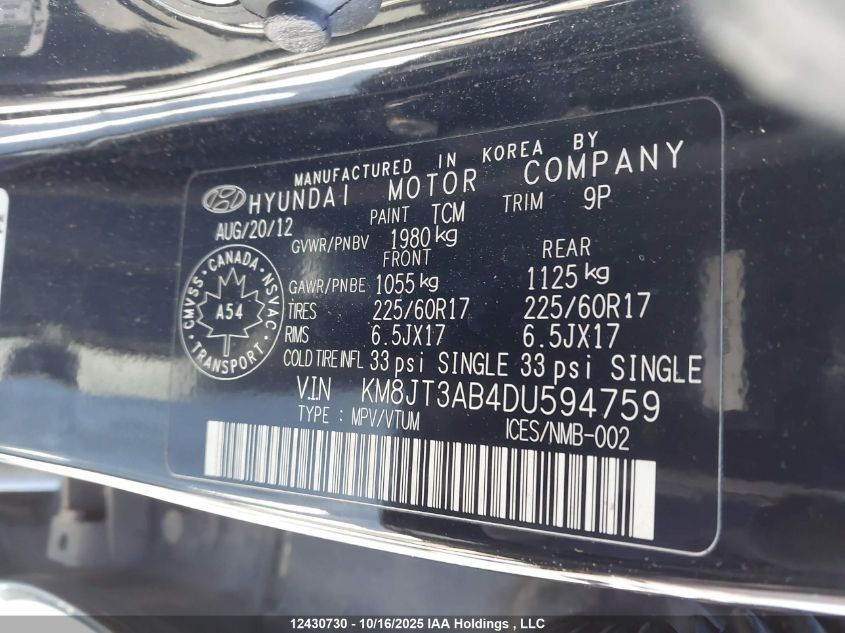 2013 Hyundai Tucson VIN: KM8JT3AB4DU594759 Lot: 12430730