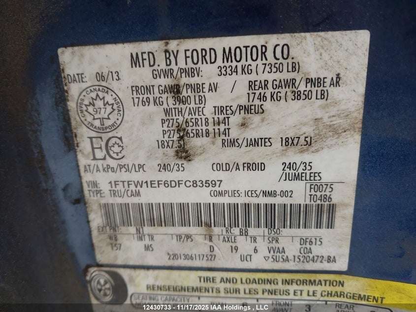 1FTFW1EF6DFC83597 2013 FORD F-150 photo no. 9