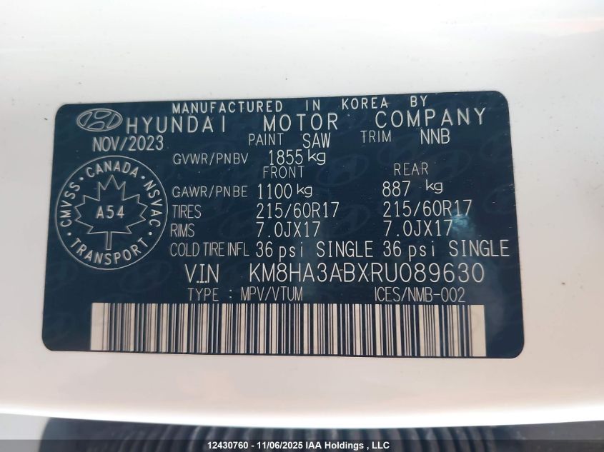 2024 Hyundai Kona Se VIN: KM8HA3ABXRU089630 Lot: 12430760