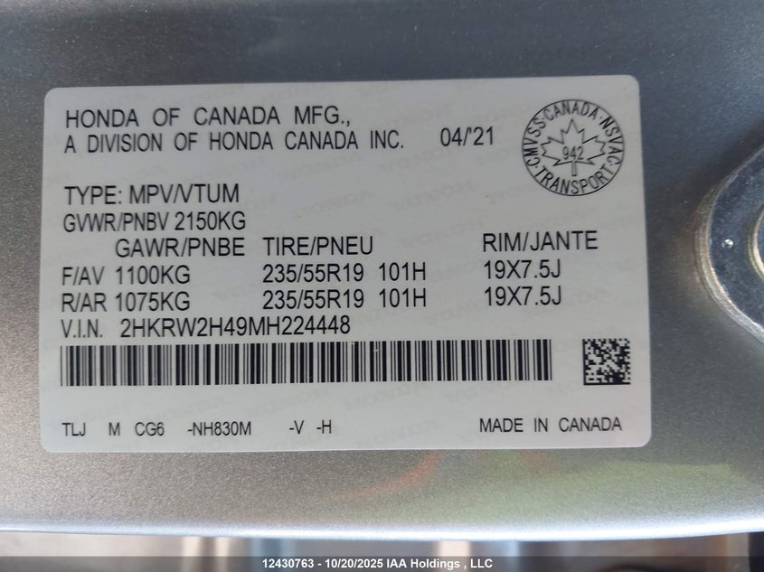 2HKRW2H49MH224448 2021 HONDA CR-V photo no. 9