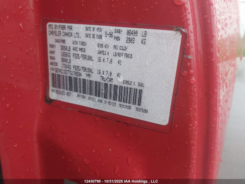 1996 Dodge Ram 1500 VIN: 3B7HC13Z7TG178594 Lot: 12430798