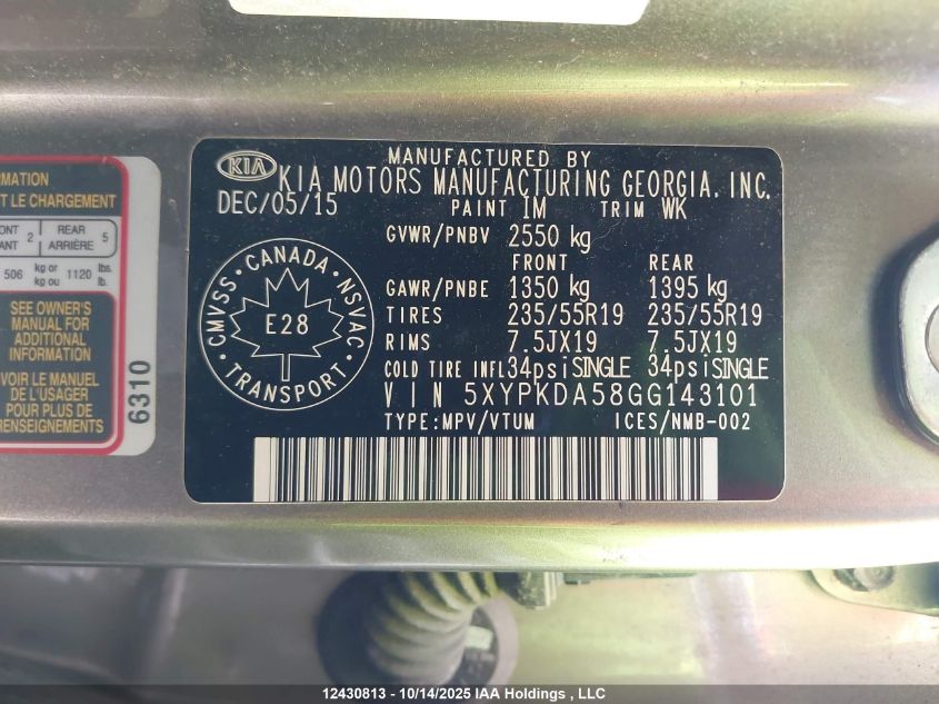 2016 Kia Sorento 3.3L Sx/3.3L Sx+ VIN: 5XYPKDA58GG143101 Lot: 12430813