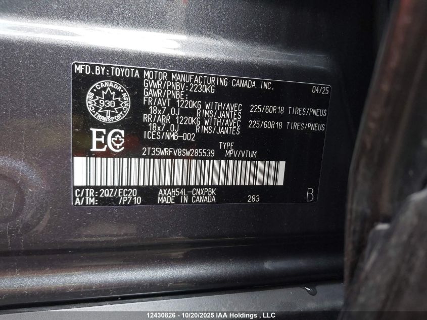 2025 Toyota Rav4 VIN: 2T35WRFV8SW285539 Lot: 12430826