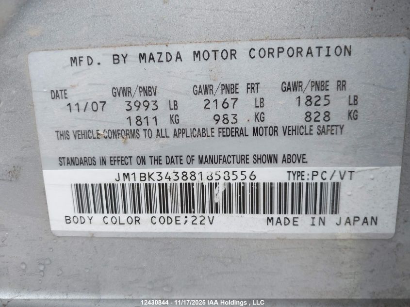 2008 Mazda 3 Hatchback VIN: JM1BK343881858556 Lot: 12430844