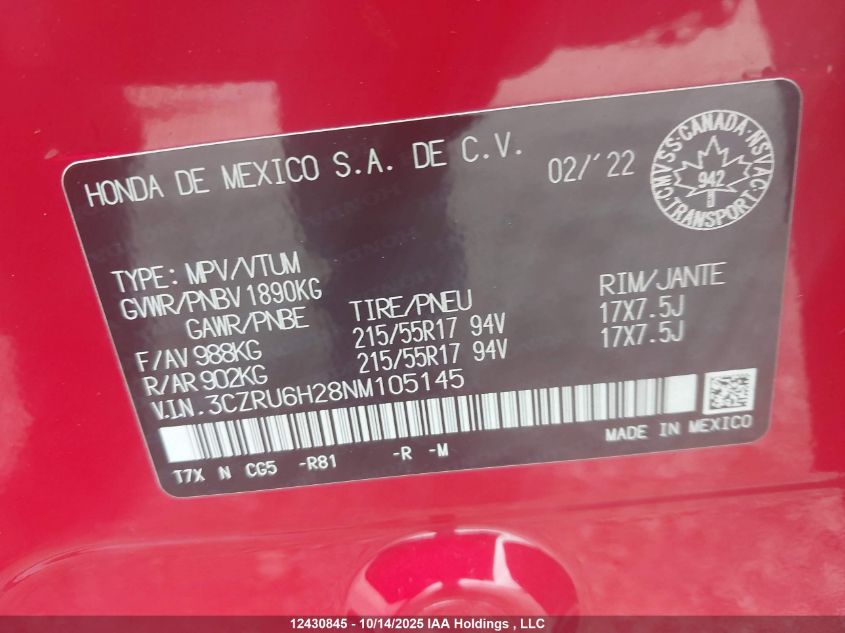 2022 Honda Hr-V Sport VIN: 3CZRU6H28NM105145 Lot: 12430845