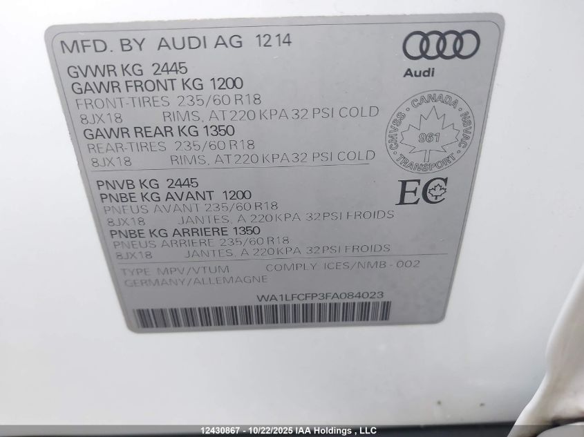 2015 Audi Q5 2.0T Progressiv VIN: WA1LFCFP3FA084023 Lot: 12430867