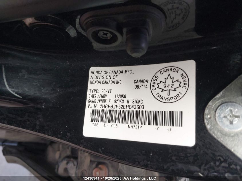 2014 Honda Civic Lx VIN: 2HGFB2F52EH043603 Lot: 12430941