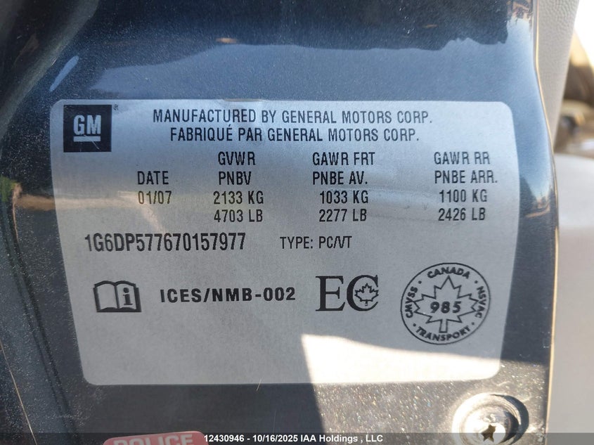 2007 Cadillac Cts Hi Feature V6 VIN: 1G6DP577670157977 Lot: 12430946