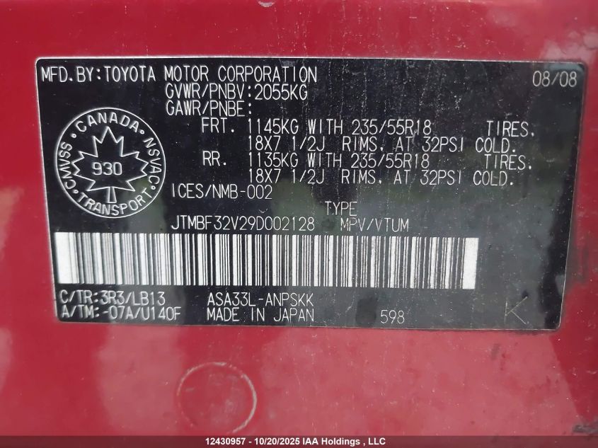 2009 Toyota Rav4 Sport VIN: JTMBF32V29D002128 Lot: 12430957