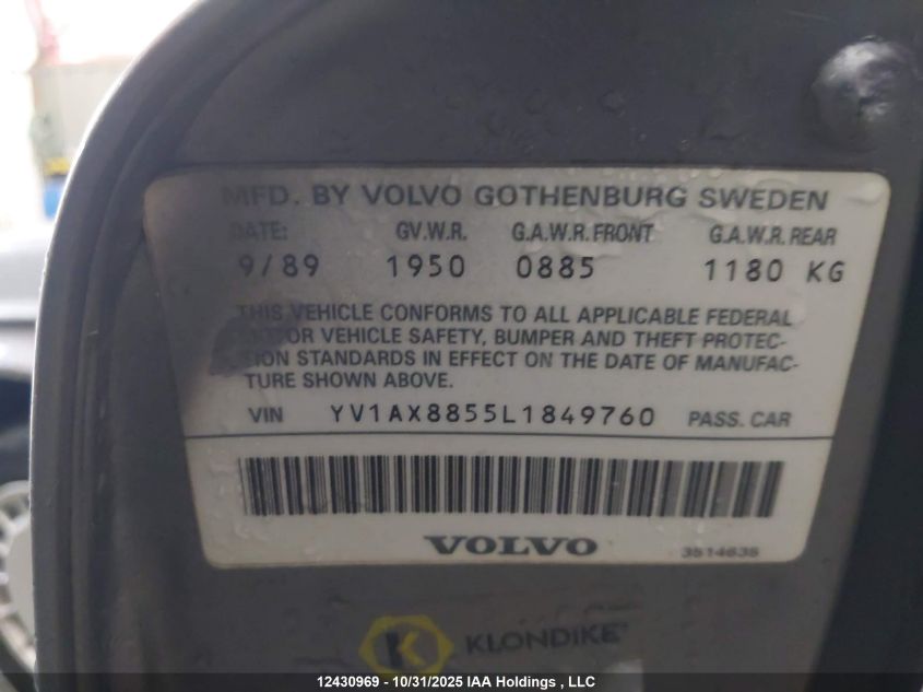 1990 Volvo 240 Dl VIN: YV1AX8855L1849760 Lot: 12430969