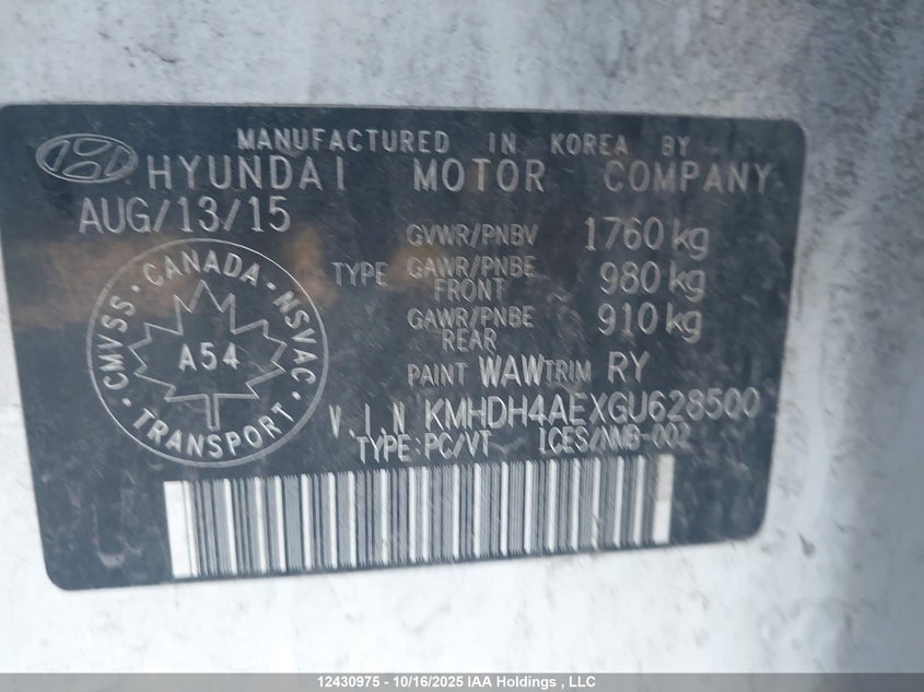 KMHDH4AEXGU628500 2016 HYUNDAI ELANTRA photo no. 9