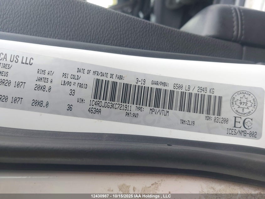 1C4RDJDG3KC721911 2019 DODGE DURANGO photo no. 9