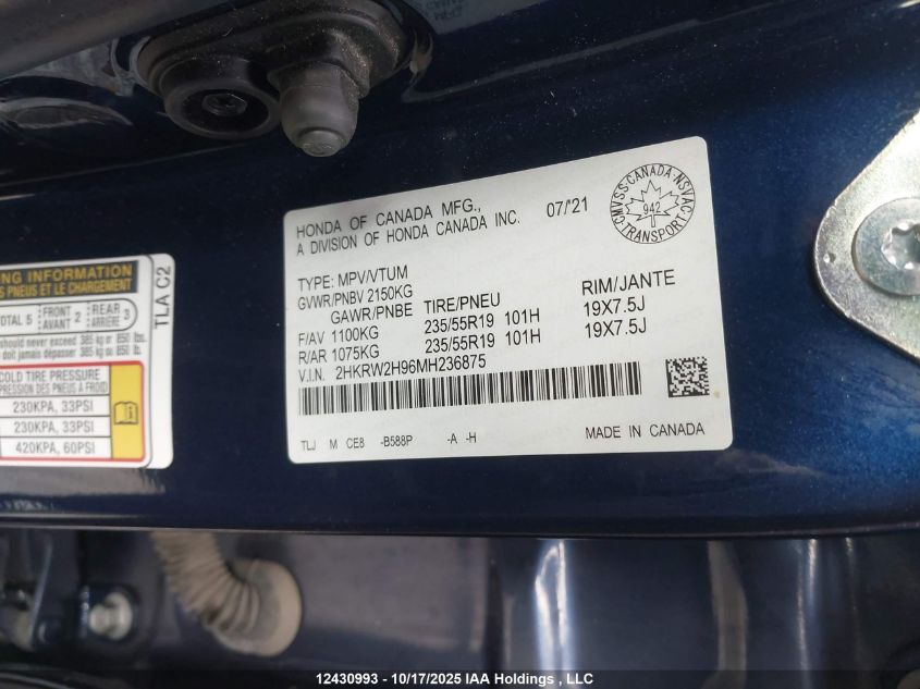 2021 Honda Cr-V Black Edition/Touring VIN: 2HKRW2H96MH236875 Lot: 12430993