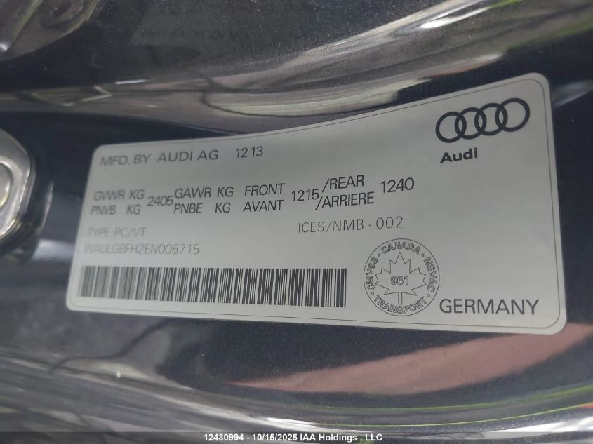 2014 Audi S5 3.0 Technik VIN: WAULGBFH2EN006715 Lot: 12430994