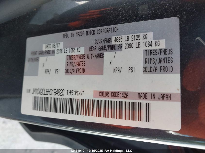 2017 Mazda 5 Touring VIN: JM1CW2CL6H0194820 Lot: 12431010