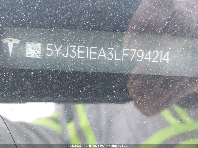 2020 Tesla Model 3 Standard Range Plus VIN: 5YJ3E1EA3LF794214 Lot: 12431027