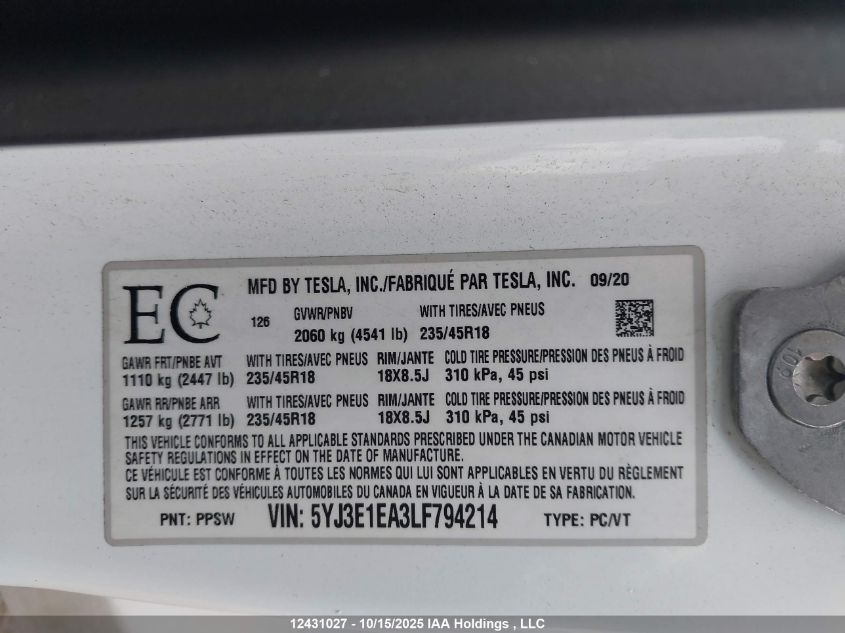 2020 Tesla Model 3 Standard Range Plus VIN: 5YJ3E1EA3LF794214 Lot: 12431027