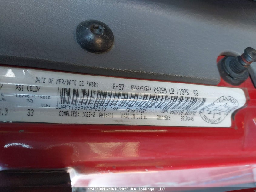 1997 Jeep Wrangler / Tj Sport VIN: 1J4FY19S4VP542143 Lot: 12431041