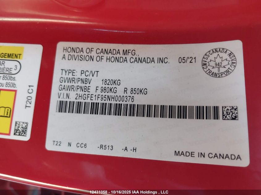 2022 Honda Civic Touring VIN: 2HGFE1F95NH000376 Lot: 12431058