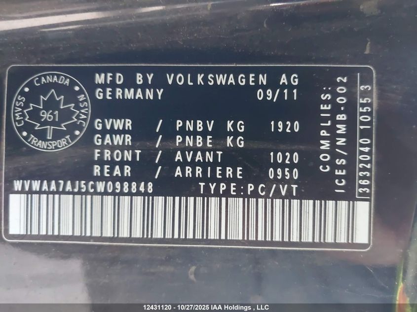 2012 Volkswagen Golf VIN: WVWAA7AJ5CW096848 Lot: 12431120