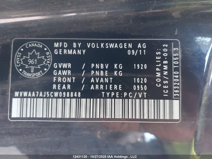 2012 Volkswagen Golf VIN: WVWAA7AJ5CW096848 Lot: 12431120