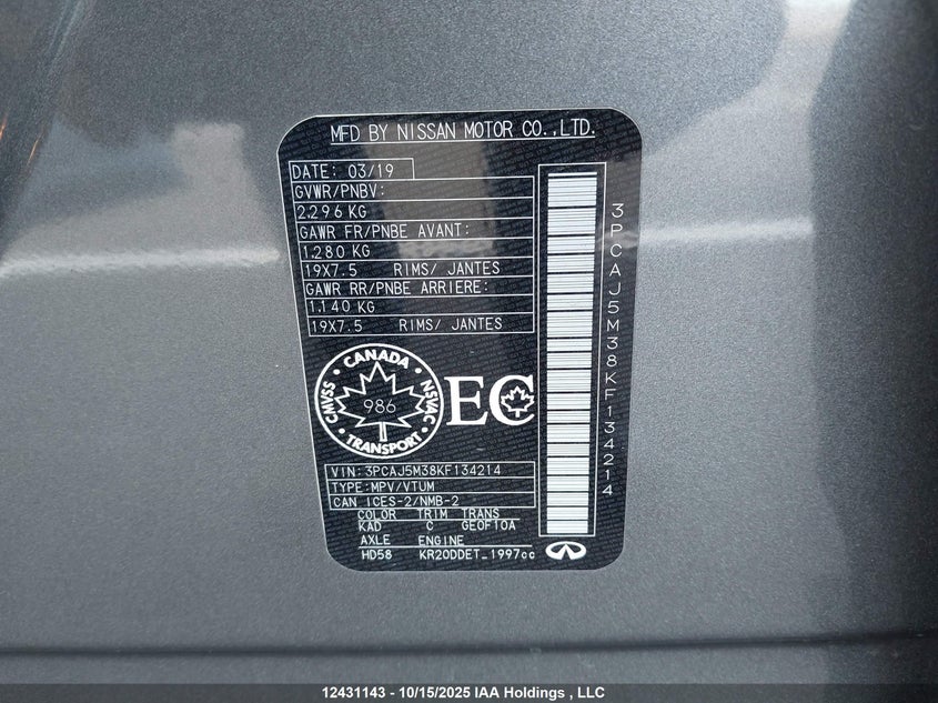 2019 Infiniti Qx50 Essential/Pure VIN: 3PCAJ5M38KF134214 Lot: 12431143