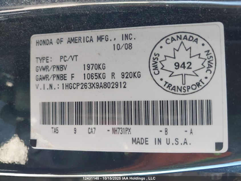 2009 Honda Accord Lx VIN: 1HGCP263X9A802912 Lot: 12431145