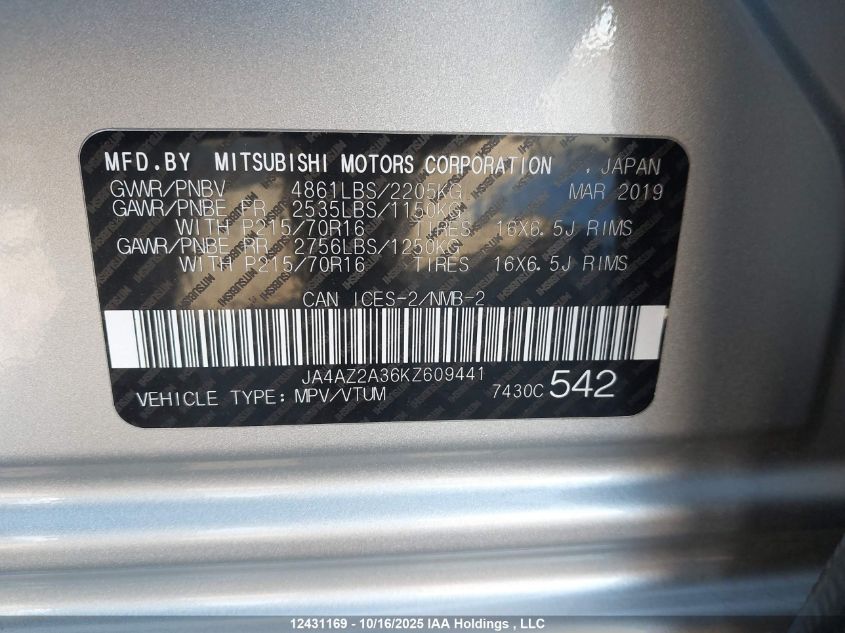 2019 Mitsubishi Outlander Es VIN: JA4AZ2A36KZ609441 Lot: 12431169