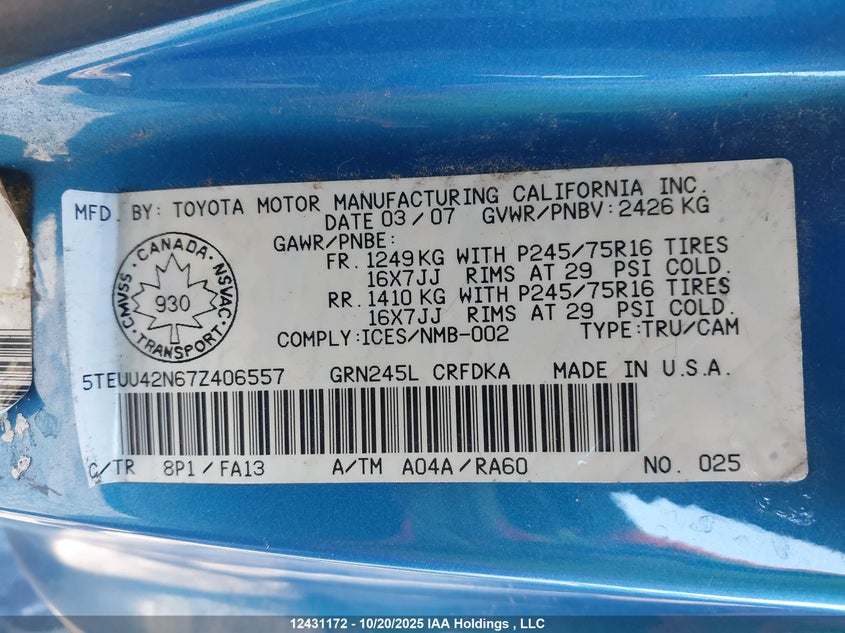 5TEUU42N67Z406557 2007 TOYOTA TACOMA photo no. 9