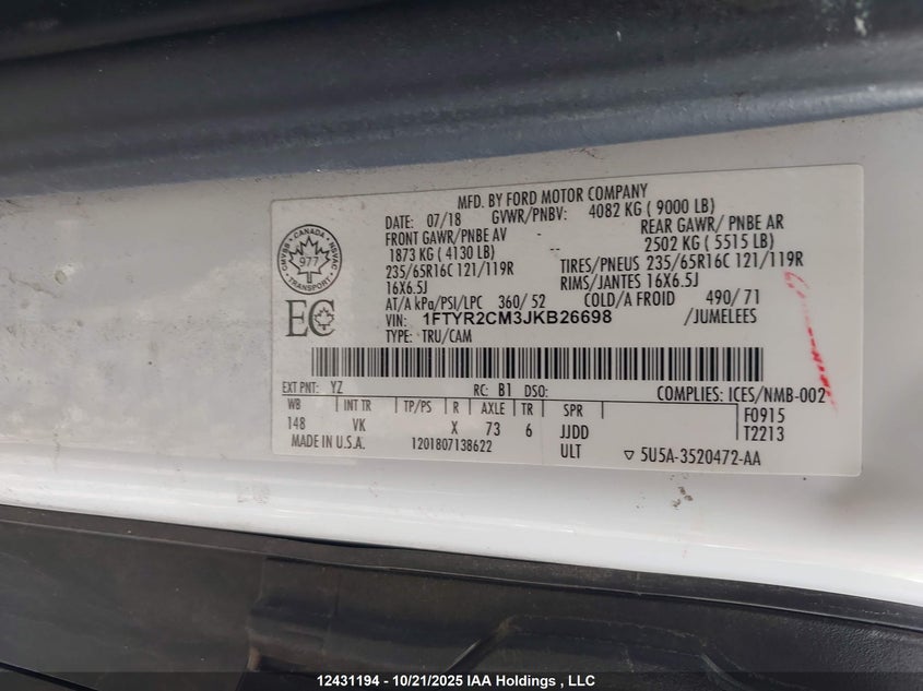 1FTYR2CM3JKB26698 2018 FORD TRANSIT photo no. 9