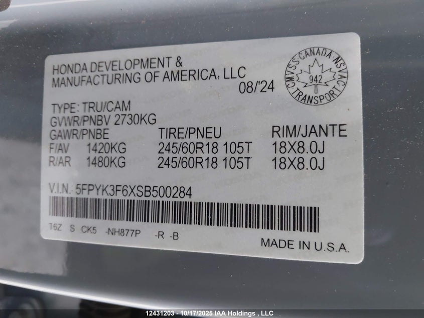 5FPYK3F6XSB500284 2025 HONDA RIDGELINE photo no. 18