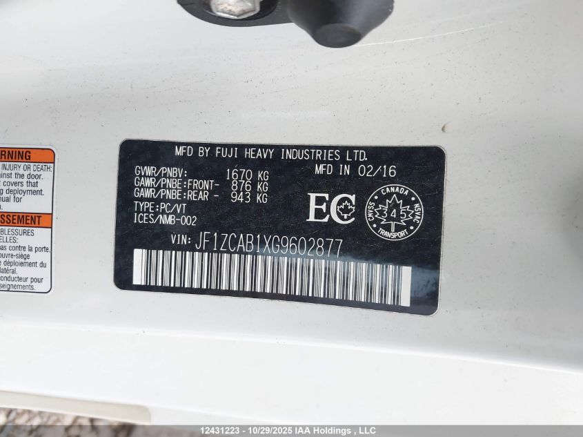 2016 Subaru Brz Hikari Edition VIN: JF1ZCAB1XG9602877 Lot: 12431223