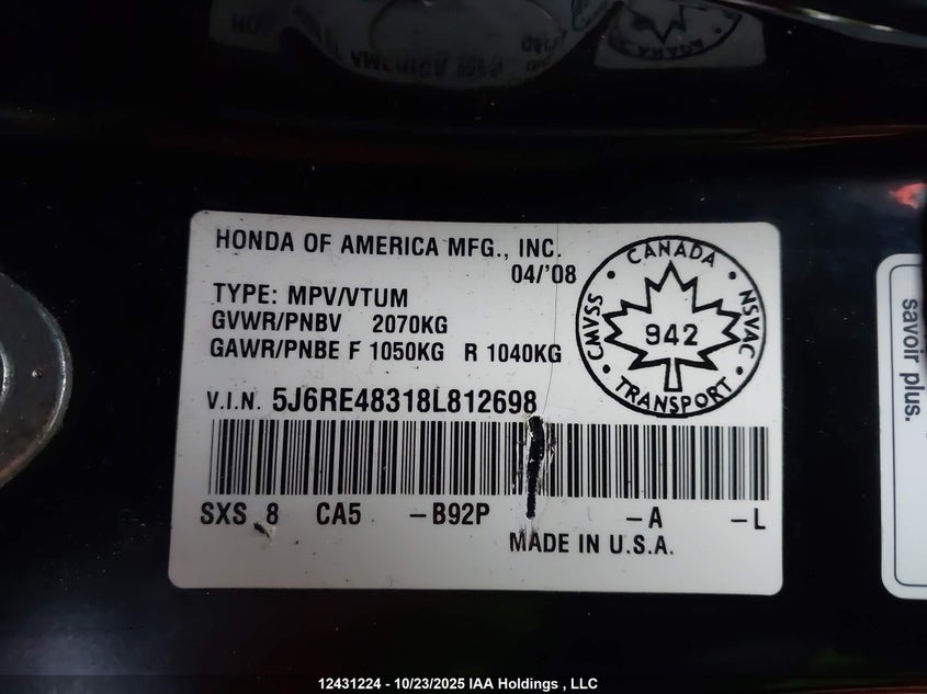 5J6RE48318L812698 2008 HONDA CR-V photo no. 17