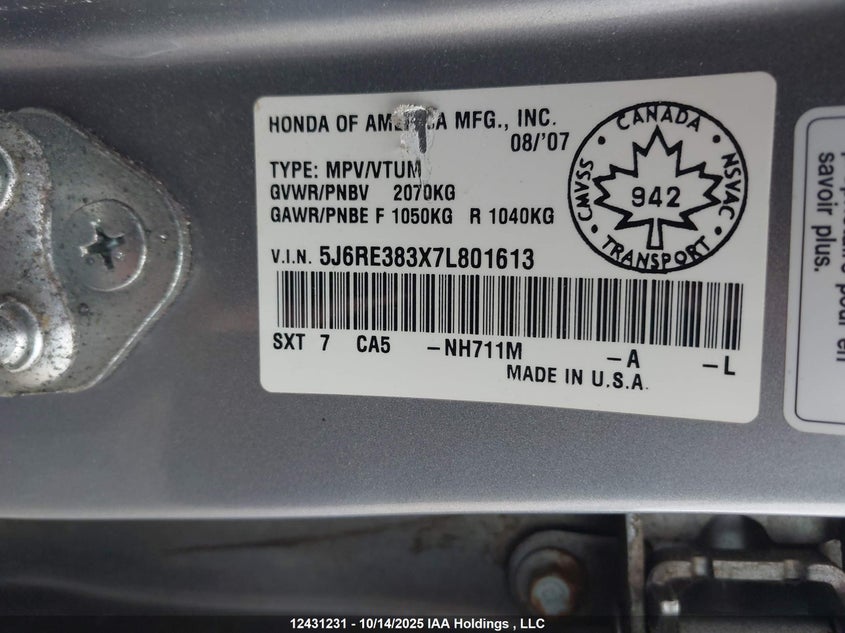5J6RE383X7L801613 2007 HONDA CR-V photo no. 9