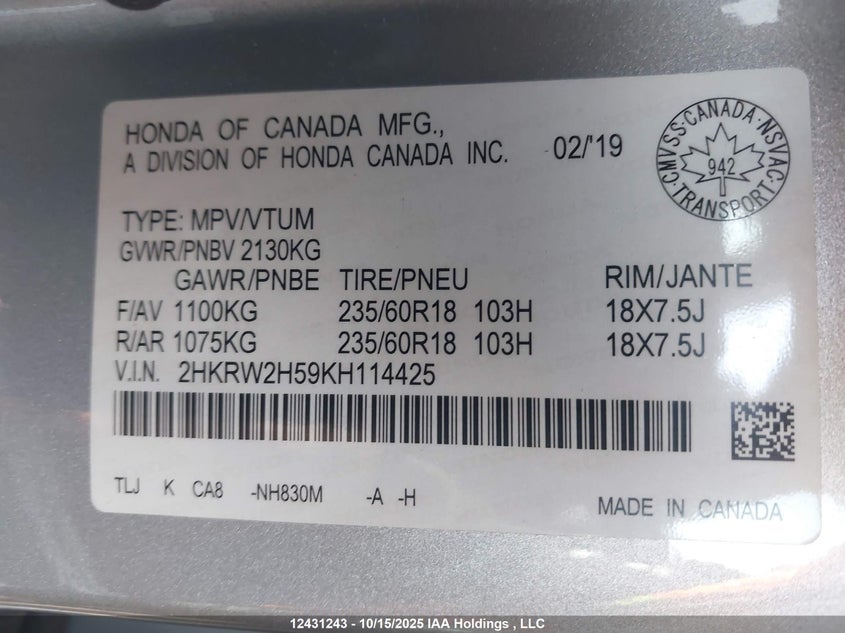 2019 Honda Cr-V Ex VIN: 2HKRW2H59KH114425 Lot: 12431243