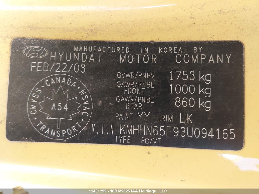 2003 Hyundai Tiburon VIN: KMHHN65F93U094165 Lot: 12431299