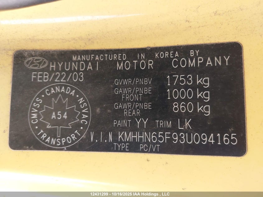 2003 Hyundai Tiburon VIN: KMHHN65F93U094165 Lot: 12431299