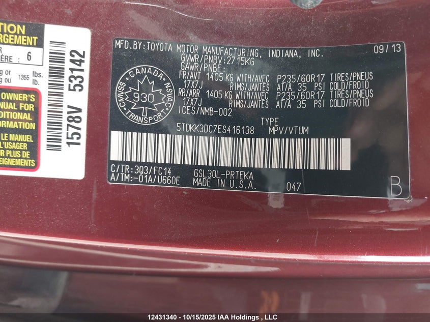 2014 Toyota Sienna Le 8 Passenger VIN: 5TDKK3DC7ES416138 Lot: 12431340