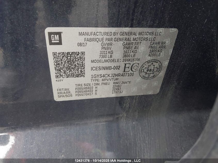 2017 Cadillac Escalade Premium Luxury VIN: 1GYS4CKJ2HR407100 Lot: 12431376