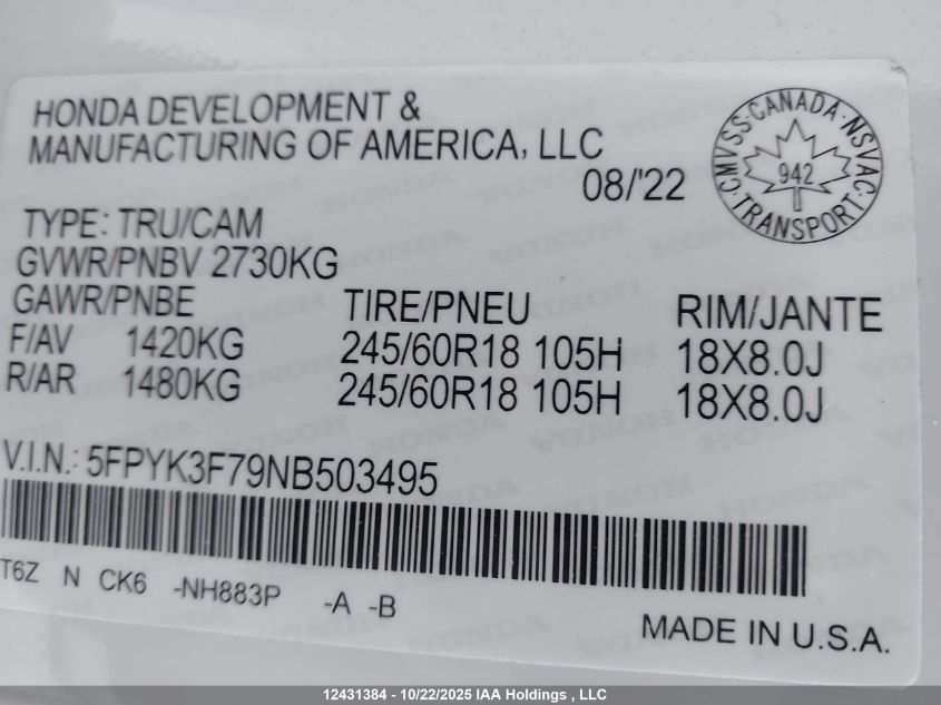 2022 Honda Ridgeline Touring VIN: 5FPYK3F79NB503495 Lot: 12431384