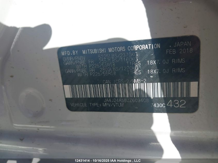 2018 Mitsubishi Outlander Se/Gt VIN: JA4J24A58JZ609408 Lot: 12431414