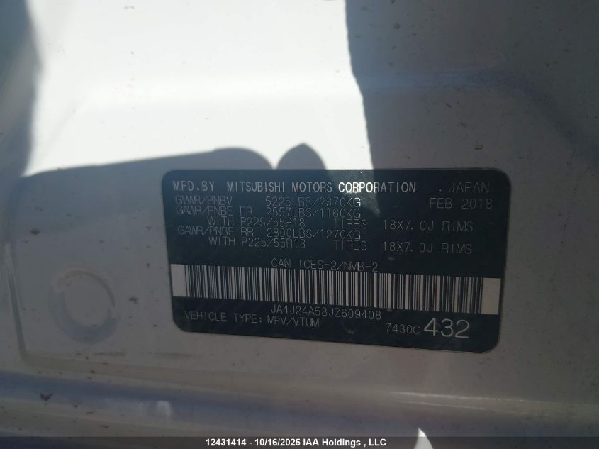 2018 Mitsubishi Outlander Se/Gt VIN: JA4J24A58JZ609408 Lot: 12431414