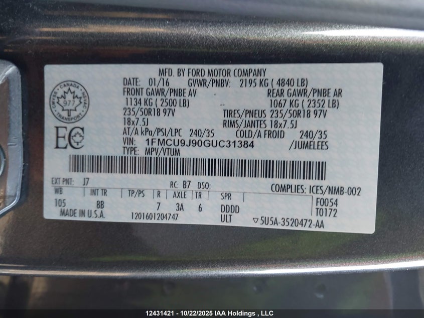 1FMCU9J90GUC31384 2016 FORD ESCAPE photo no. 9