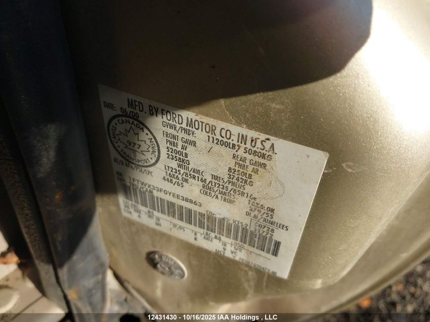 2000 Ford F350 Super Duty VIN: 1FTWX33F0YEE38863 Lot: 12431430