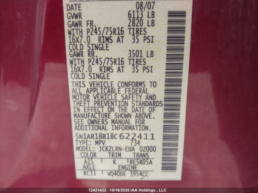 2008 Nissan Pathfinder S/Le/Se VIN: 5N1AR18B18C622411 Lot: 12431433